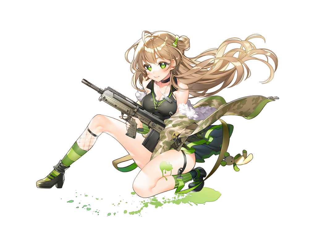 artist_request assault_rifle bangs bare_shoulders blush breasts brown_hair cleavage collarbone commentary dog_tags dress full_body fur_trim girls_frontline green_eyes gun hair_bun holding holding_weapon jacket long_hair looking_at_viewer medium_breasts off_shoulder open_clothes open_jacket rfb_(girls_frontline) rifle short_dress simple_background solo striped striped_legwear thigh_strap trigger_discipline weapon white_background