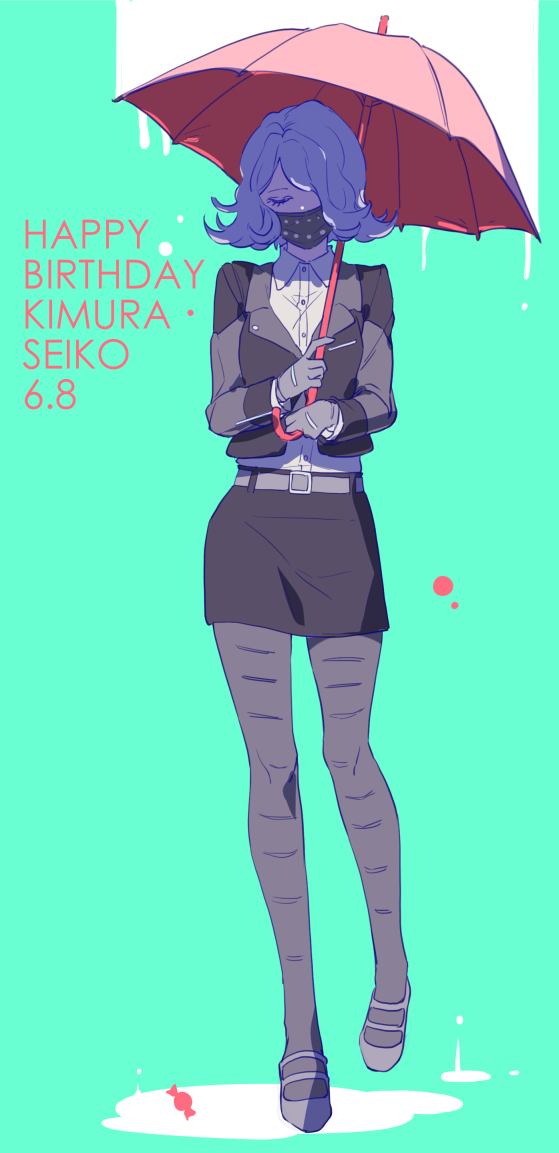 1girl bangs belt birthday danganronpa danganronpa_3 eyes_closed gloves grey_hair jacket kimura_seiko mask medical_mask short_hair side_bangs skirt solo standing text umbrella