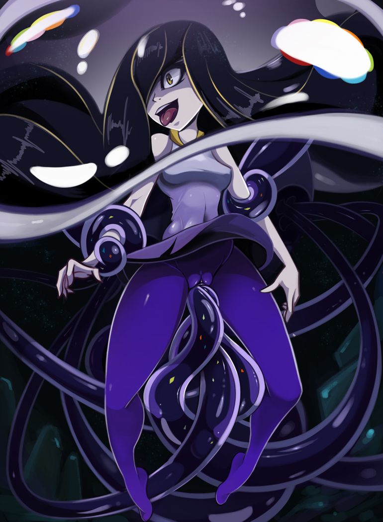 1girl black_hair breasts cameltoe clothed_sex covered_navel dress dress_lift fusion glowing glowing_eyes highres jellyfish long_hair lusamine_(pokemon) mature nihilego open_mouth pantyhose pokemon pokemon_(game) pokemon_sm pussy restrained sex sleeveless_dress smile spoilers tentacle tentacle_sex tongue tongue_out vaginal yellow_eyes