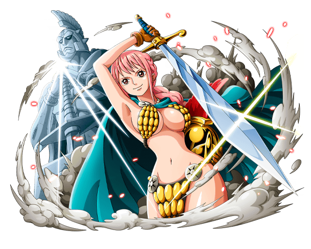 arm_up armor bikini_armor bodskih braid breasts brown_eyes brown_gloves cape cleavage cowboy_shot dutch_angle gladiator gladiatrix gloves groin helmet holding holding_helmet holding_sword holding_weapon kyros large_breasts lens_flare long_hair navel one_piece pink_hair plume rebecca_(one_piece) sideboob sidelocks single_braid smile solo standing statue sword transparent_background weapon