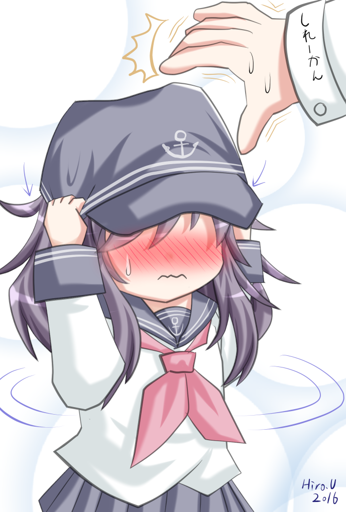 1girl 2016 admiral_(kantai_collection) akatsuki_(kantai_collection) anchor_symbol black_hat black_skirt blush closed_mouth commentary_request covering_head directional_arrow flat_cap hat kantai_collection long_sleeves neckerchief nose_blush pleated_skirt purple_hair red_neckwear school_uniform serafuku shirt signature sketch skirt solo_focus sweat translated uraguchi_hiiro wavy_mouth white_shirt