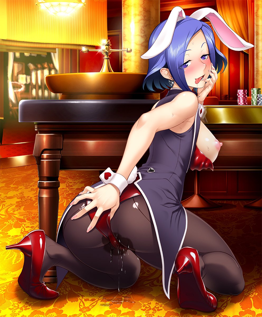 1girl animal_ears ass bangs blue_eyes blue_hair blush breasts bunny_ears bunny_tail bunnysuit casino commentary earrings eyebrows_visible_through_hair fake_animal_ears female high_heels highres indoors jewelry kneeling lineart looking_at_viewer looking_back lovina_(taimanin_asagi_battle_arena) medium_breasts naughty_face nipples open_mouth pantyhose pussy_juice shiny short_hair smile sweat tail taimanin_(series) taimanin_asagi_battle_arena wrist_cuffs zol