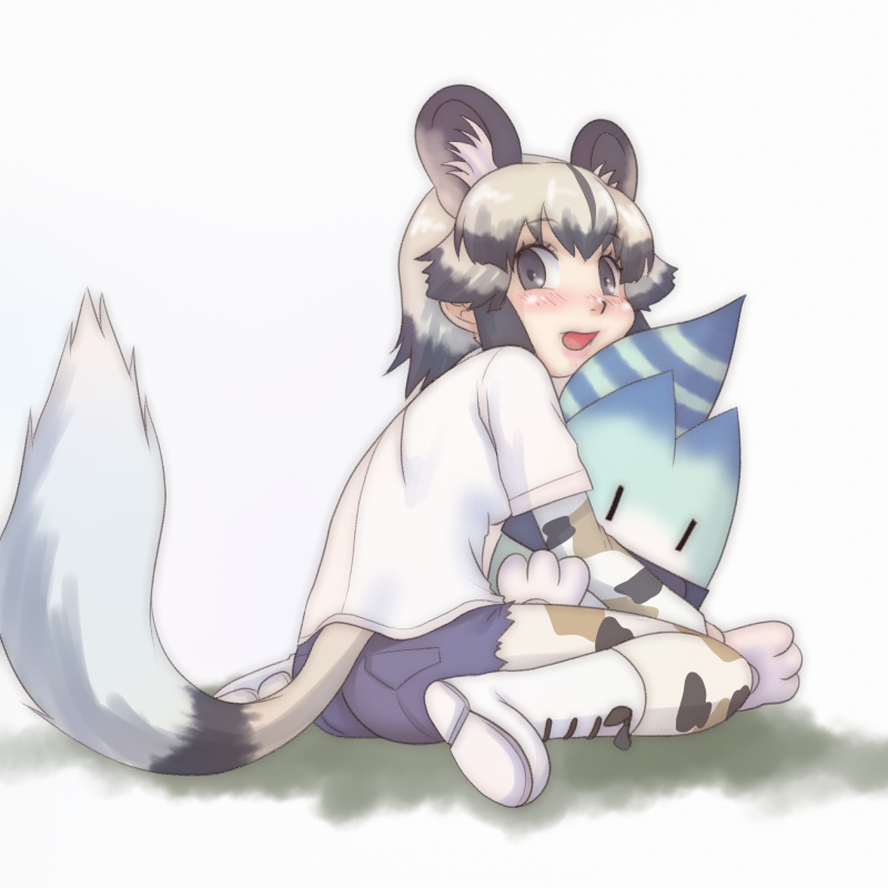 :d african_wild_dog_(kemono_friends) african_wild_dog_print animal_ears ass bangs black_eyes black_hair blush boots breasts cheek_press creature cutoffs dog_ears dog_tail eyelashes full_body hair_between_eyes kemono_friends leaning leaning_forward light_brown_hair lips long_sleeves looking_at_viewer lucky_beast_(kemono_friends) multicolored multicolored_clothes multicolored_hair multicolored_legwear nose nose_blush open_mouth pantyhose pantyhose_under_shorts pink_lips purple_shorts shirt short_hair short_sleeves shorts simple_background sitting small_breasts smile t_jiroo_(ringofriend) tail tareme tongue torn_clothes torn_shorts two-tone_hair wariza white_background white_footwear white_shirt