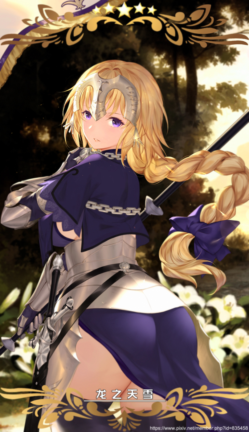 armor ass bangs blonde_hair bow braid breasts chain commentary corset cowboy_shot dress earrings fate/apocrypha fate_(series) faulds from_behind gauntlets glint hair_bow headpiece highres holding holding_weapon jeanne_d'arc_(fate) jeanne_d'arc_(fate)_(all) jewelry long_hair looking_back medium_breasts parted_lips pixiv_id polearm purple_bow purple_dress purple_eyes sheath sheathed sideboob single_braid smile solo spear standing star sword thighs very_long_hair watermark weapon web_address yijian_ma