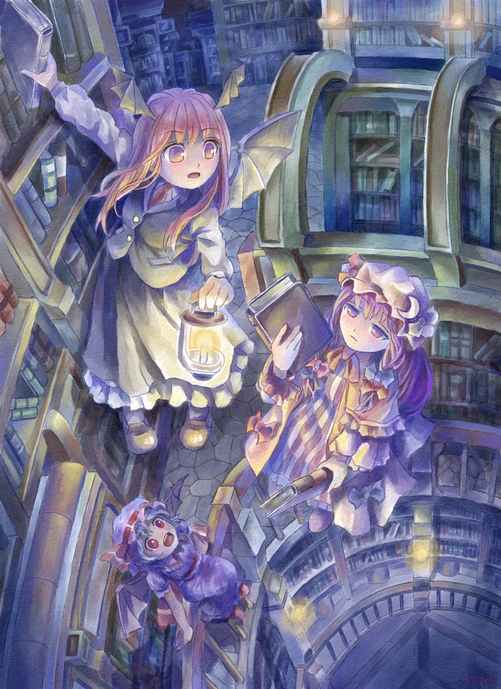:o :| arm_up bad_id bad_pixiv_id bat_wings blue_hair blush book bookshelf candle closed_mouth commentary_request crescent dress expressionless floating from_above hat head_wings highres holding holding_book implied_pantyshot jitome koakuma lantern library long_hair long_sleeves looking_up mob_cap multiple_girls nagayo necktie open_mouth patchouli_knowledge purple_dress purple_eyes purple_hair railing red_eyes red_hair red_neckwear remilia_scarlet revision ribbon room short_hair sitting sitting_on_railing skirt skirt_set smile stone_floor striped striped_dress touhou vertical_stripes vest voile wings