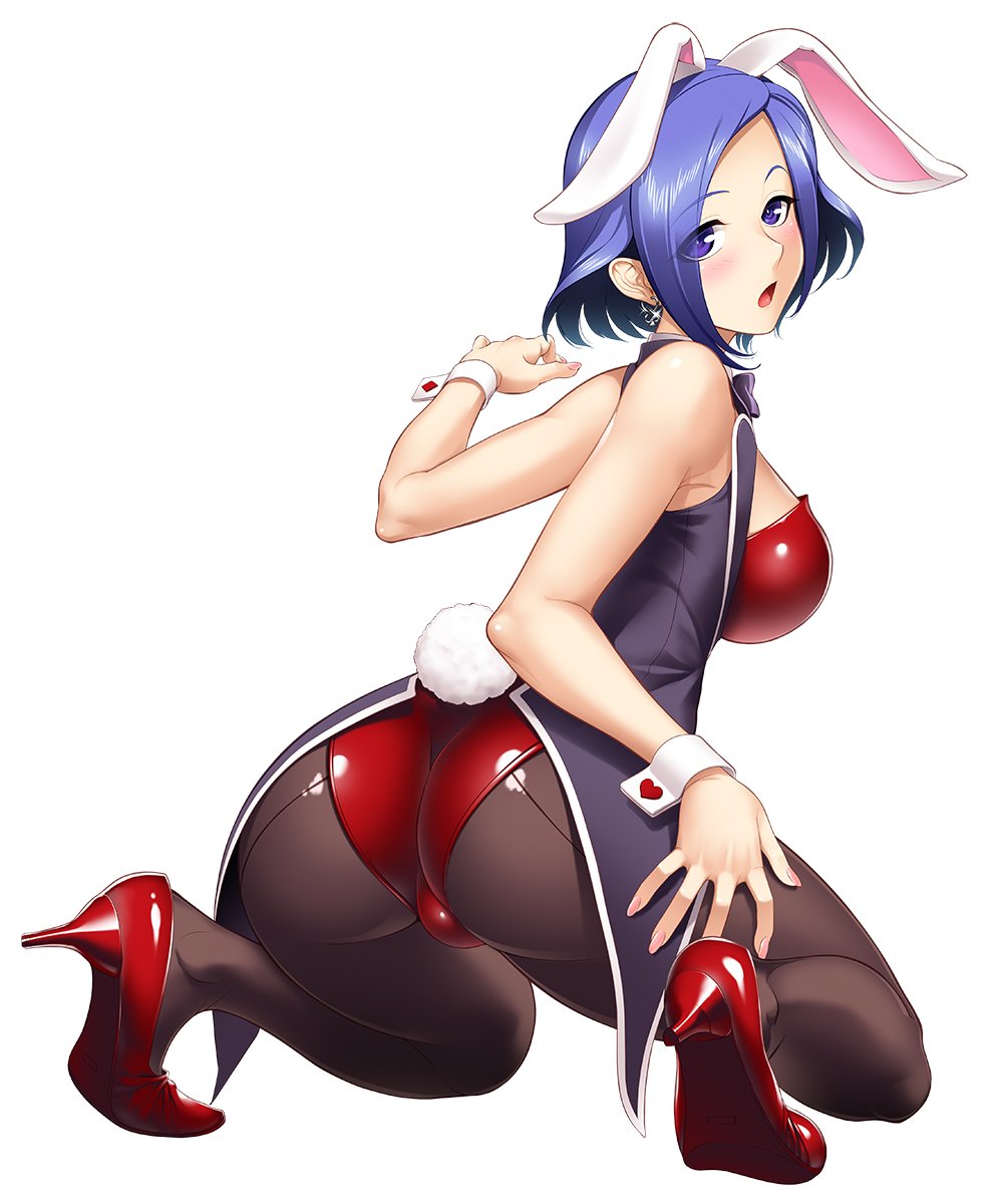 1girl animal_ears ass bangs blue_eyes blue_hair blush breasts bunny_ears bunny_tail bunnysuit casino commentary earrings eyebrows_visible_through_hair fake_animal_ears female high_heels highres indoors jewelry kneeling lineart looking_at_viewer looking_back lovina_(taimanin_asagi_battle_arena) medium_breasts official_art open_mouth pantyhose shiny short_hair simple_background solo tail taimanin_(series) taimanin_asagi_battle_arena wrist_cuffs zol