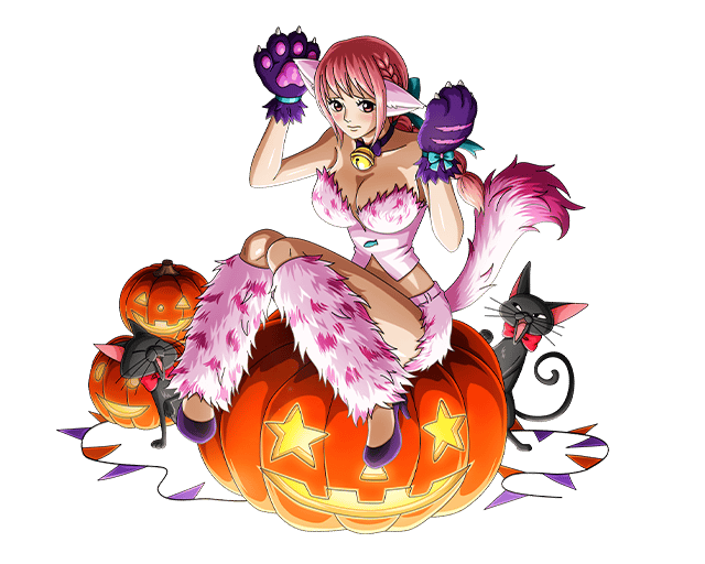 animal_ears bell bodskih braid breasts cat cleavage collarbone full_body gloves green_ribbon hair_ribbon halloween halloween_costume kneehighs large_breasts long_hair midriff one_piece paw_gloves paws pink_hair pink_legwear pink_shorts ponytail pumpkin purple_gloves rebecca_(one_piece) ribbon shiny shiny_skin short_shorts shorts single_braid sitting solo strapless tail transparent_background