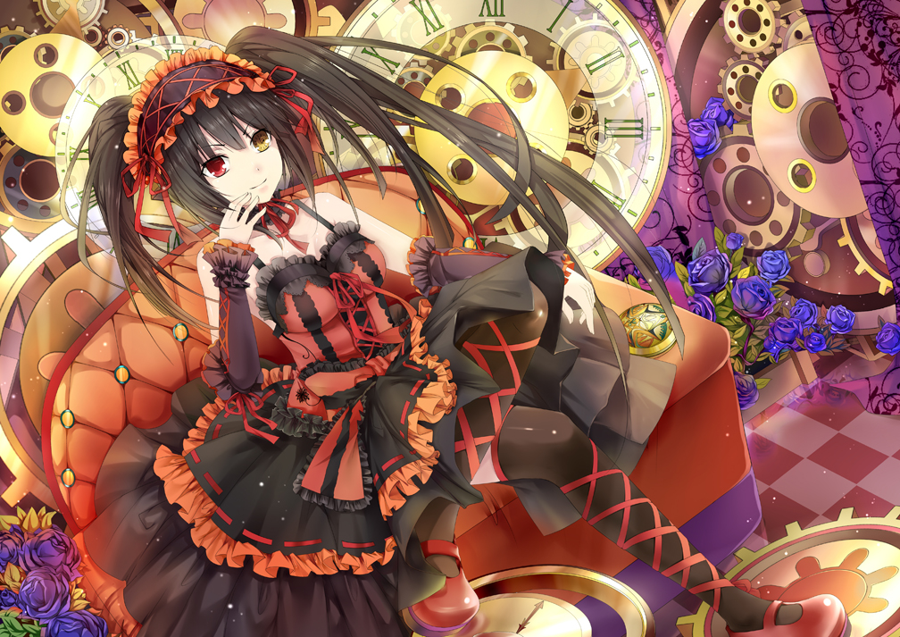 asymmetrical_hair black_hair black_legwear breasts checkered checkered_floor choker cleavage clock clock_eyes date_a_live detached_sleeves dress frilled_dress frills gothic_lolita hairband heterochromia hongmao leg_ribbon lolita_fashion lolita_hairband long_hair mary_janes medium_breasts red_eyes red_footwear red_ribbon ribbon shiny shiny_clothes shoes sitting solo symbol-shaped_pupils thighhighs tokisaki_kurumi twintails very_long_hair yellow_eyes