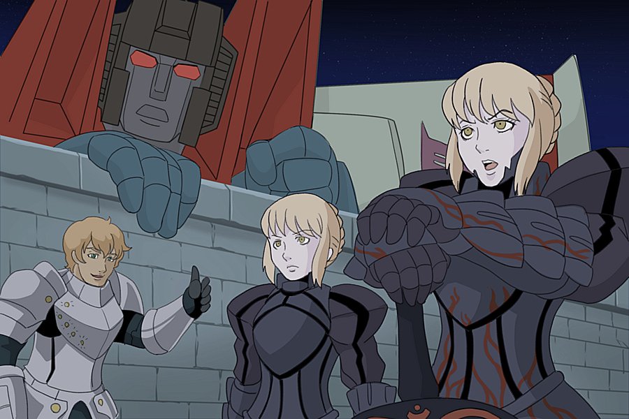 2girls 80s armor armored_dress artoria_pendragon_(all) black_armor blonde_hair breastplate commentary_request crossover decepticon eyebrows_visible_through_hair fate_(series) gauntlets gawain_(fate/grand_order) holding holding_sword holding_weapon insignia kamizono_(spookyhouse) knight looking_at_viewer mecha multiple_boys multiple_girls night night_sky oldschool open_mouth outdoors parody red_eyes saber_alter sky smile star_(sky) starry_sky starscream style_parody sword transformers weapon yellow_eyes