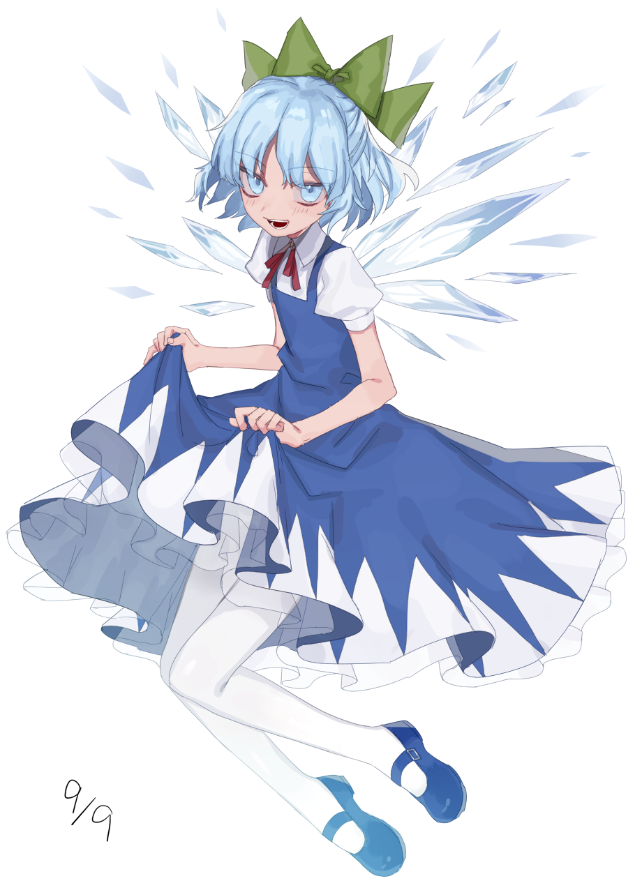 bare_arms blue_dress blue_eyes blue_footwear blue_hair bow cirno dated dress dress_lift eyebrows_visible_through_hair full_body green_bow hair_bow highres ice ice_wings lifted_by_self looking_at_viewer marimo_tarou mary_janes neck_ribbon open_mouth pantyhose puffy_short_sleeves puffy_sleeves red_ribbon ribbon shoes short_hair short_sleeves simple_background skirt_hold solo touhou white_background white_legwear wing_collar wings
