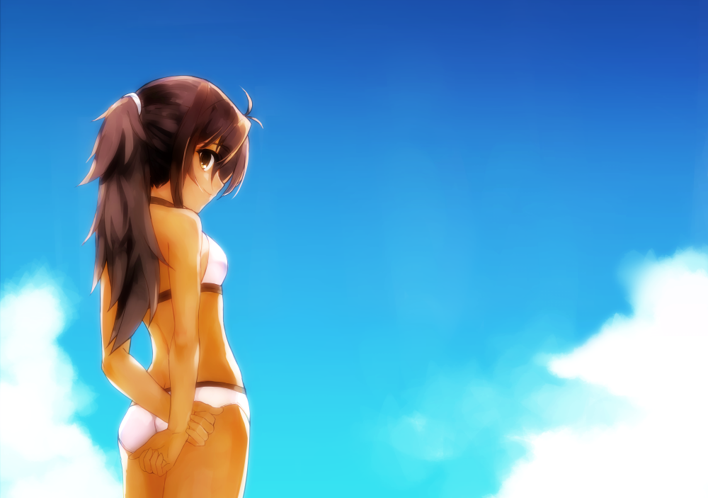 adeltrud_walter alternate_hairstyle antenna_hair bikini blue_background blue_sky brown_eyes brown_hair choker cloud commentary_request cowboy_shot dark_skin day from_side hair_tie knight's_&amp;_magic long_hair looking_at_viewer messy_hair ponytail sidelocks sky smile solo summer swimsuit tan udoku_(suzucaste) white_bikini