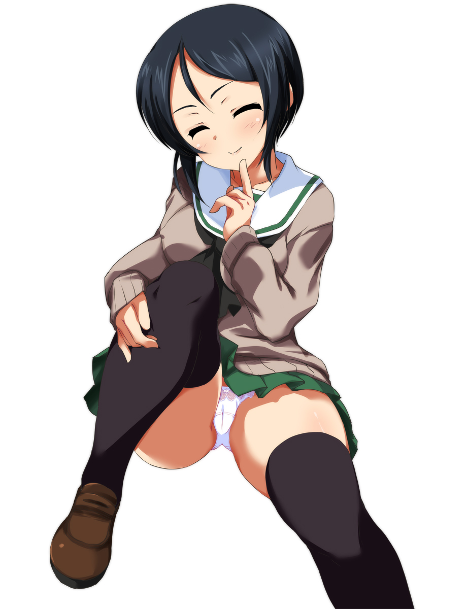 alternate_costume bangs black_eyes black_hair black_legwear black_neckwear brown_footwear brown_sweater cameltoe chouno_ami closed_eyes closed_mouth covered_nipples crotch_seam facing_viewer feet_out_of_frame finger_to_mouth girls_und_panzer green_skirt highres leg_hug loafers long_sleeves miniskirt neckerchief ooarai_school_uniform ouhashi panties pantyshot pantyshot_(sitting) pleated_skirt school_uniform serafuku shoes short_hair simple_background sitting skirt smile solo sweater swept_bangs thighhighs underwear white_background white_panties winter_uniform