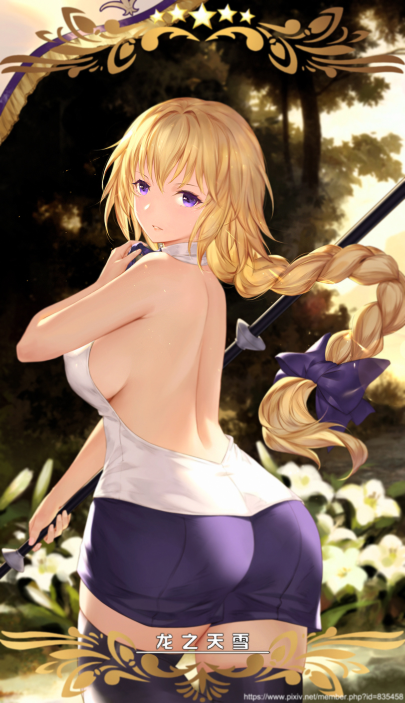 ass blonde_hair blue_eyes braid breasts butt_crack commentary fate/apocrypha fate/grand_order fate_(series) flower halterneck highres jeanne_d'arc_(fate) jeanne_d'arc_(fate)_(all) large_breasts lily_(flower) long_hair looking_back miniskirt sideboob single_braid skirt solo yijian_ma