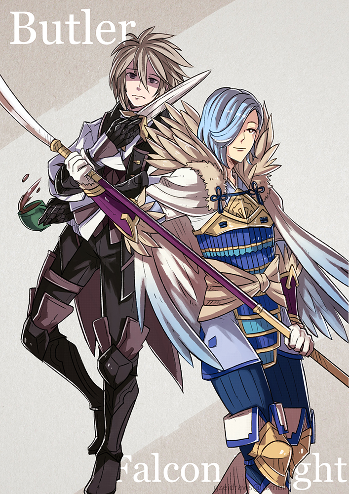 armor blue_hair butler cup dagger deere_(fire_emblem_if) english european_clothes fire_emblem fire_emblem_if fur fur_collar gzei hair_over_one_eye holding holding_weapon jacket japanese_clothes looking_at_viewer multiple_boys polearm shigure_(fire_emblem_if) smile spear tea teacup weapon white_hair
