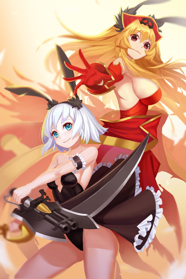 animal_ears anne_bonny_(fate/grand_order) armband blue_eyes breasts brown_eyes bunny_girl contrapposto dress fate/grand_order fate_(series) gaoyang_ou_nisang gloves gun hat large_breasts long_hair looking_at_viewer looking_down looking_to_the_side mary_read_(fate/grand_order) multiple_girls outstretched_arms short_hair sideboob silver_hair skull small_breasts smile standing strapless strapless_dress weapon