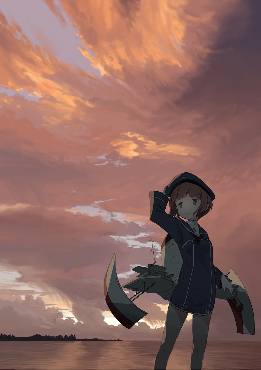 beret brown_eyes cannon cloud cloudy_sky dress expressionless hand_on_head hand_on_headwear hat highres kantai_collection looking_away looking_to_the_side machinery morning narotake ocean outdoors red_eyes red_hair sailor_dress short_hair sky solo standing torpedo turtleneck water z3_max_schultz_(kantai_collection)