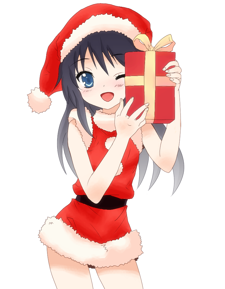 ;d akatsuki_(kantai_collection) bad_id bad_pixiv_id bare_arms belt black_belt black_hair blue_eyes blush box christmas commentary_request contrapposto derivative_work dress fingernails fur-trimmed_dress gift gift_box hat holding holding_gift itou_noiji_(style) kantai_collection long_hair looking_at_viewer mitchi one_eye_closed open_mouth red_dress santa_costume santa_hat simple_background sleeveless sleeveless_dress smile solo standing white_background