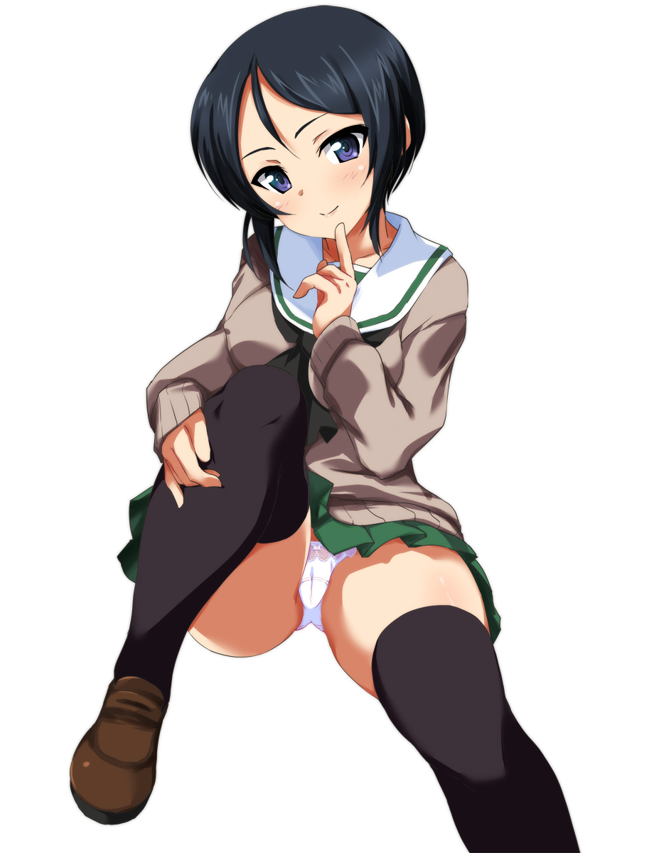 alternate_costume bangs black_eyes black_hair black_legwear black_neckwear brown_footwear brown_sweater cameltoe chouno_ami closed_mouth covered_nipples crotch_seam feet_out_of_frame finger_to_mouth girls_und_panzer green_skirt highres leg_hug loafers long_sleeves looking_at_viewer miniskirt neckerchief ooarai_school_uniform ouhashi panties pantyshot pantyshot_(sitting) pleated_skirt school_uniform serafuku shoes short_hair simple_background sitting skirt smile solo sweater swept_bangs thighhighs underwear white_background white_panties winter_uniform