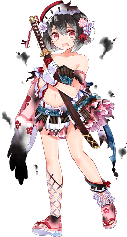 baba_(oshiro_project) black_hair flower full_body gloves hair_flower hair_ornament hat official_art oshiro_project oshiro_project_re red_eyes ririkuto short_hair solo standing sword torn_clothes transparent_background weapon white_gloves
