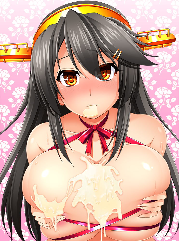 black_hair blush breasts chocolate chocolate_heart chocolate_on_breasts commentary_request food_in_mouth hairband haruna_(kantai_collection) headgear heart huge_breasts kantai_collection long_hair looking_at_viewer mirisha mouth_hold naked_ribbon nose_blush orange_eyes red_ribbon ribbon skindentation smile solo upper_body white_chocolate