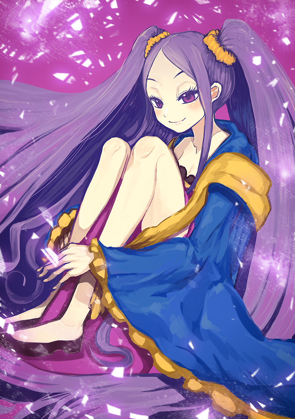 bare_legs bare_shoulders black_footwear blush chinese_clothes closed_mouth collarbone eyebrows eyelashes fate/grand_order fate_(series) flat_chest forehead frilled_sleeves frills full_body half-closed_eyes hanfu highres kururi_(9ruri) legs legs_apart light_particles lips long_hair long_sleeves looking_away off_shoulder orange_scrunchie pink_lips purple purple_background purple_eyes purple_hair raised_eyebrows scrunchie shawl shoes sidelocks sitting smile solo tsurime twintails very_long_hair wide_sleeves wu_zetian_(fate/grand_order)