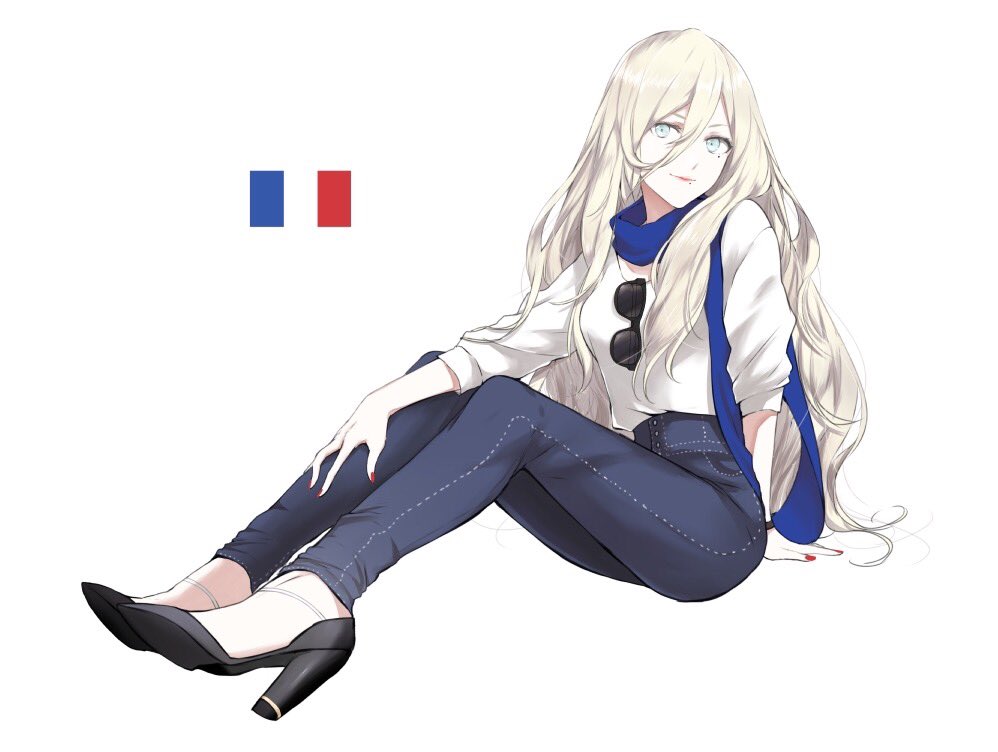 arm_support black_footwear blonde_hair blue_eyes blue_scarf breasts denim french_flag full_body hair_between_eyes hand_on_own_leg high_heels jeans kantai_collection lips long_hair looking_at_viewer medium_breasts mole mole_under_eye mole_under_mouth morinaga_miki nail_polish pants red_nails richelieu_(kantai_collection) scarf shirt shoes simple_background sitting smile solo sunglasses white_background white_shirt