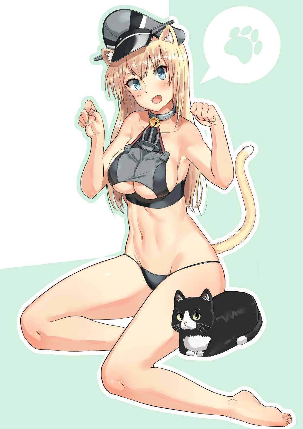 :d abs adapted_costume animal_ears bare_legs bare_shoulders barefoot bell bell_collar bikini bikini_bottom bismarck_(kantai_collection) blonde_hair blue_eyes blush breasts cat cat_ears cat_tail cleavage collar commentary_request fang full_body grey_bikini hat head_tilt highres jingle_bell jpeg_artifacts kantai_collection kemonomimi_mode large_breasts long_hair md5_mismatch navel open_mouth paw_print peaked_cap revision simple_background sitting smile solo soushou_nin speech_bubble swimsuit tail underboob underboob_cutout unsinkable_sam v-shaped_eyebrows yokozuwari