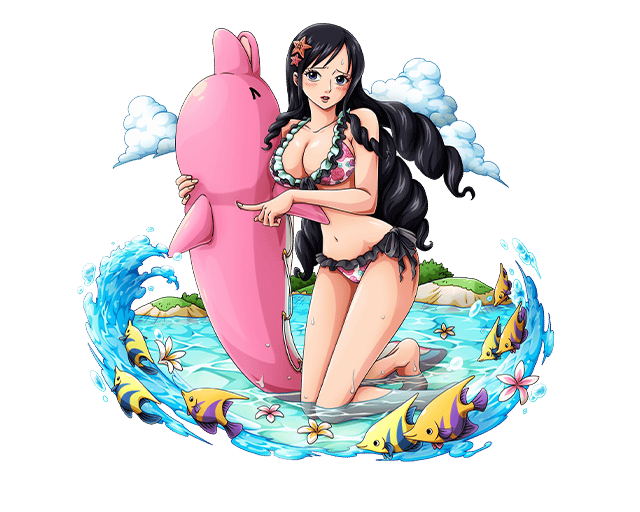 baby_5 barefoot bikini black_eyes black_hair blush bodskih breasts cleavage cloud collarbone dolphin drill_hair fish floating_hair frilled_bikini frills full_body holding index_finger_raised kneeling large_breasts long_hair long_legs looking_at_viewer one_piece parted_lips side-tie_bikini solo starfish_hair_ornament sweatdrop swimsuit transparent_background very_long_hair water
