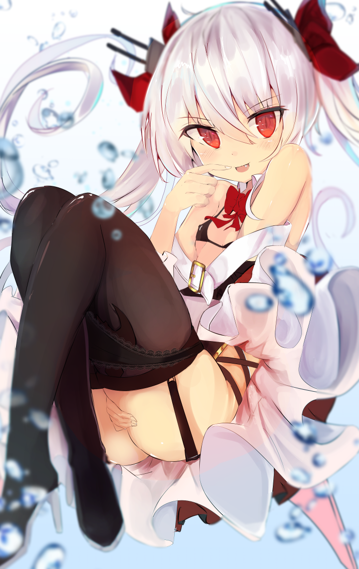air_bubble azur_lane bangs belt between_legs bikini black_bikini black_legwear black_panties blurry blush breasts bubble commentary_request covered_nipples crossed_legs depth_of_field dress eyebrows_visible_through_hair fang floating_hair garter_straps hair_between_eyes hand_between_legs high_heels lace lace-trimmed_panties legs_together long_hair looking_at_viewer marisayaka micro_bikini open_mouth panties panty_pull red_eyes sidelocks silver_hair small_breasts smile solo submerged swimsuit thighhighs thighs tsurime twintails underwater underwear vampire_(azur_lane) very_long_hair white_dress white_hair