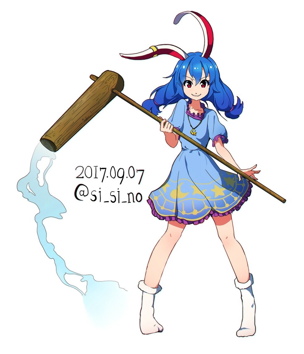animal_ears bangs blue_hair bunny_ears crescent dated dress ear_clip eyebrows_visible_through_hair full_body hair_between_eyes holding jewelry kine looking_at_viewer necklace no_shoes red_eyes seiran_(touhou) shishi_osamu short_sleeves simple_background smile socks solo standing star touhou twintails twitter_username white_background white_legwear