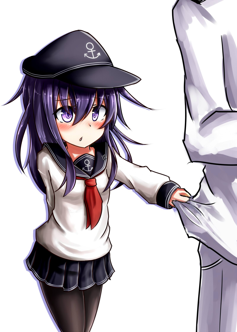 1girl admiral_(kantai_collection) akatsuki_(kantai_collection) anchor_symbol arm_behind_back bangs black_hat black_legwear black_skirt blush clothes_grab commentary_request cowboy_shot eyebrows_visible_through_hair flat_cap hair_between_eyes hat kantai_collection long_hair long_sleeves neckerchief nose_blush outstretched_arm pants pantyhose parted_lips pleated_skirt purple_eyes purple_hair red_neckwear reitou_mikan school_uniform serafuku shirt simple_background skirt sleeves_past_wrists solo_focus standing white_background white_pants white_shirt