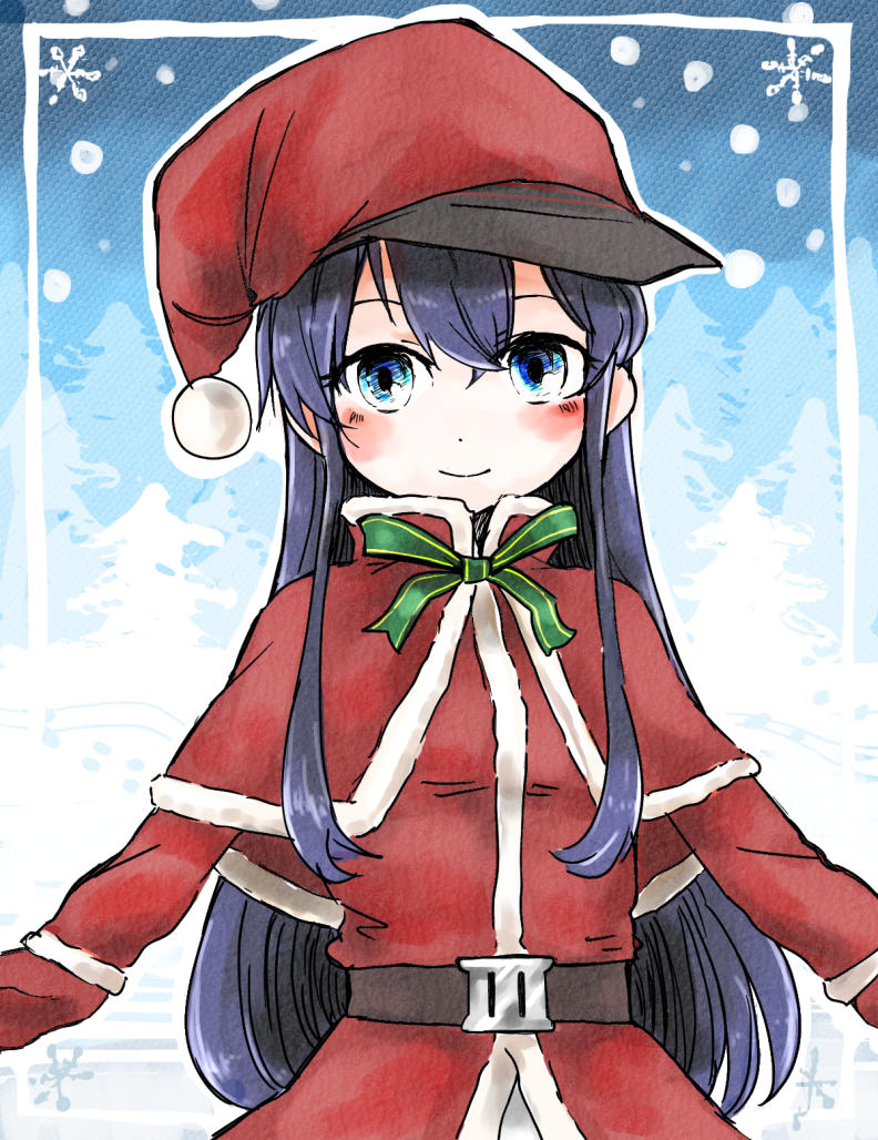 akatsuki_(kantai_collection) alternate_costume bangs belt black_hat blue_eyes blush brown_belt capelet cink-knic closed_mouth commentary_request flat_cap fur-trimmed_capelet fur_trim green_ribbon hair_between_eyes hat kantai_collection long_hair long_sleeves looking_at_viewer mittens outstretched_arms purple_hair red_capelet red_hat red_mittens red_shirt remodel_(kantai_collection) ribbon santa_costume santa_hat shirt sketch smile snowflakes snowing solo striped striped_ribbon upper_body very_long_hair