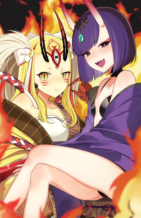 ;d bare_shoulders blonde_hair breasts commentary earrings eyebrows_visible_through_hair facial_mark fang fate/grand_order fate_(series) horns ibaraki_douji_(fate/grand_order) jewelry kinsenka_momi long_hair looking_at_viewer multiple_girls one_eye_closed oni oni_horns open_mouth purple_eyes purple_hair revealing_clothes short_hair shuten_douji_(fate/grand_order) small_breasts smile yellow_eyes