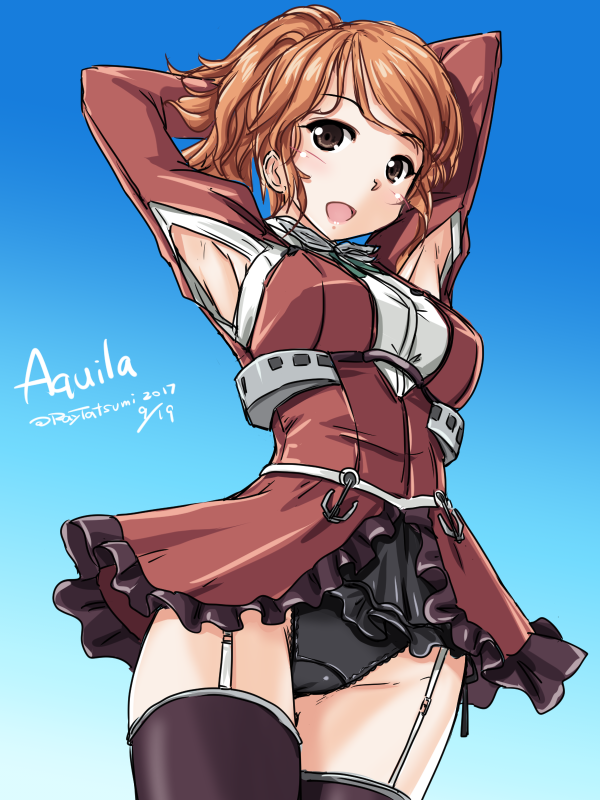 :d aquila_(kantai_collection) armpit_cutout armpits arms_behind_head arms_up black_legwear black_panties blue_background blush breasts brown_eyes character_name cowboy_shot dated dress frills garter_straps gradient gradient_background groin kantai_collection legs_together looking_at_viewer medium_breasts open_mouth orange_hair panties ponytail red_dress short_hair showgirl_skirt side-tie_panties signature smile solo standing swimsuit tareme tatsumi_ray thighhighs underbust underwear