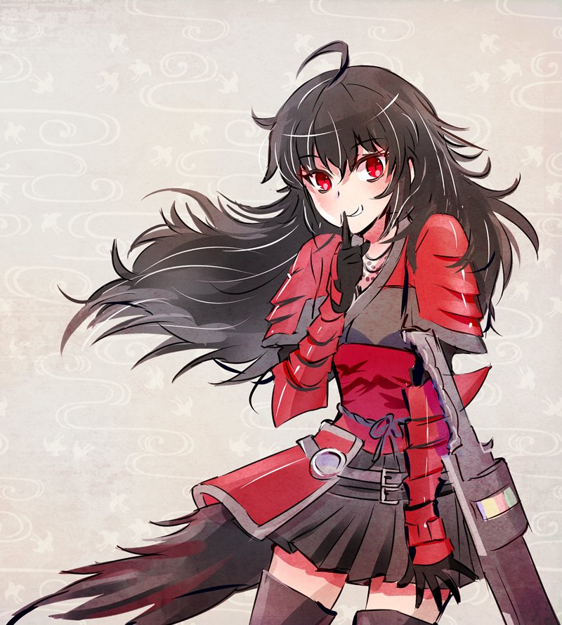 ahoge armor black_hair commentary_request finger_to_mouth grin iesupa long_hair raven_branwen red_eyes rwby shushing smile solo sword weapon