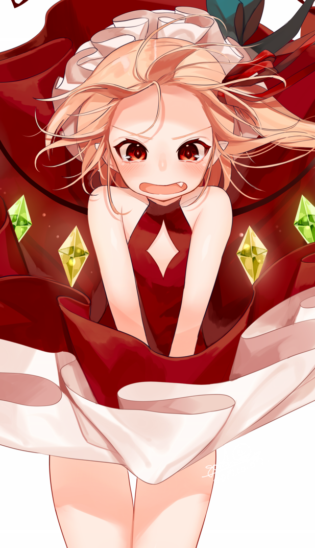 bare_arms bare_legs bare_shoulders blonde_hair dress dress_tug facial_mark fang flandre_scarlet forehead_mark gotoh510 hair_ribbon hat hat_ribbon long_hair mob_cap open_mouth red_dress red_eyes red_ribbon ribbon side_ponytail solo standing touhou v_arms white_hat wind wind_lift wings