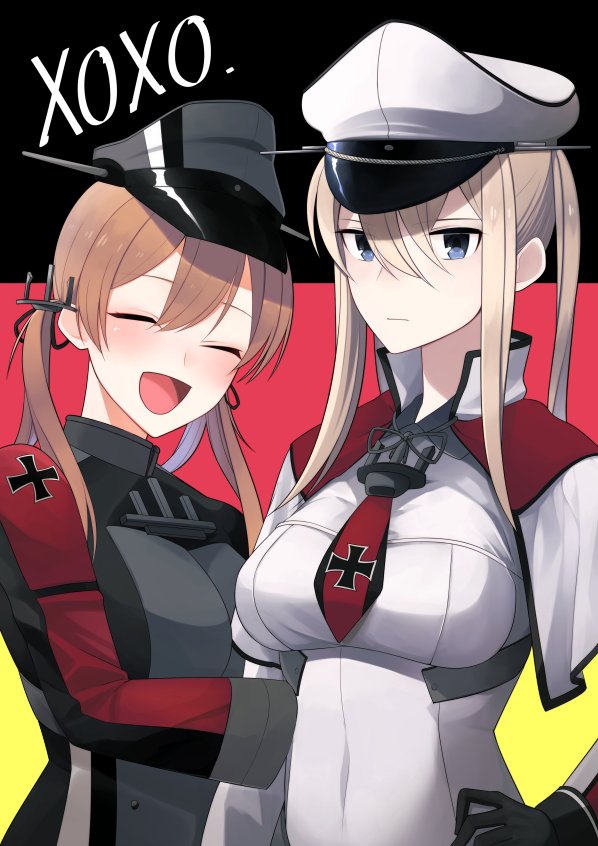 anchor_hair_ornament blonde_hair blue_eyes breasts capelet closed_eyes cross german_flag graf_zeppelin_(kantai_collection) hair_between_eyes hair_ornament hat kantai_collection kinsenka_momi large_breasts long_hair looking_at_viewer military military_uniform multiple_girls necktie peaked_cap prinz_eugen_(kantai_collection) sidelocks tsurime twintails uniform upper_body