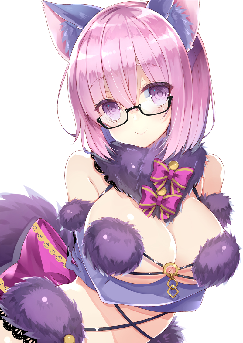 animal_ears arched_back bad_id bad_pixiv_id bangs blush bow breasts cleavage closed_mouth crossed_arms dangerous_beast elbow_gloves fate/grand_order fate_(series) fur-trimmed_gloves fur_collar fur_trim glasses gloves hair_between_eyes hair_over_one_eye large_bow large_breasts looking_at_viewer mash_kyrielight o-ring o-ring_top purple_bow purple_eyes purple_gloves purple_hair semi-rimless_eyewear short_hair sidelocks simple_background smile solo tail under-rim_eyewear upper_body white_background wolf_ears wolf_tail yuzu-aki