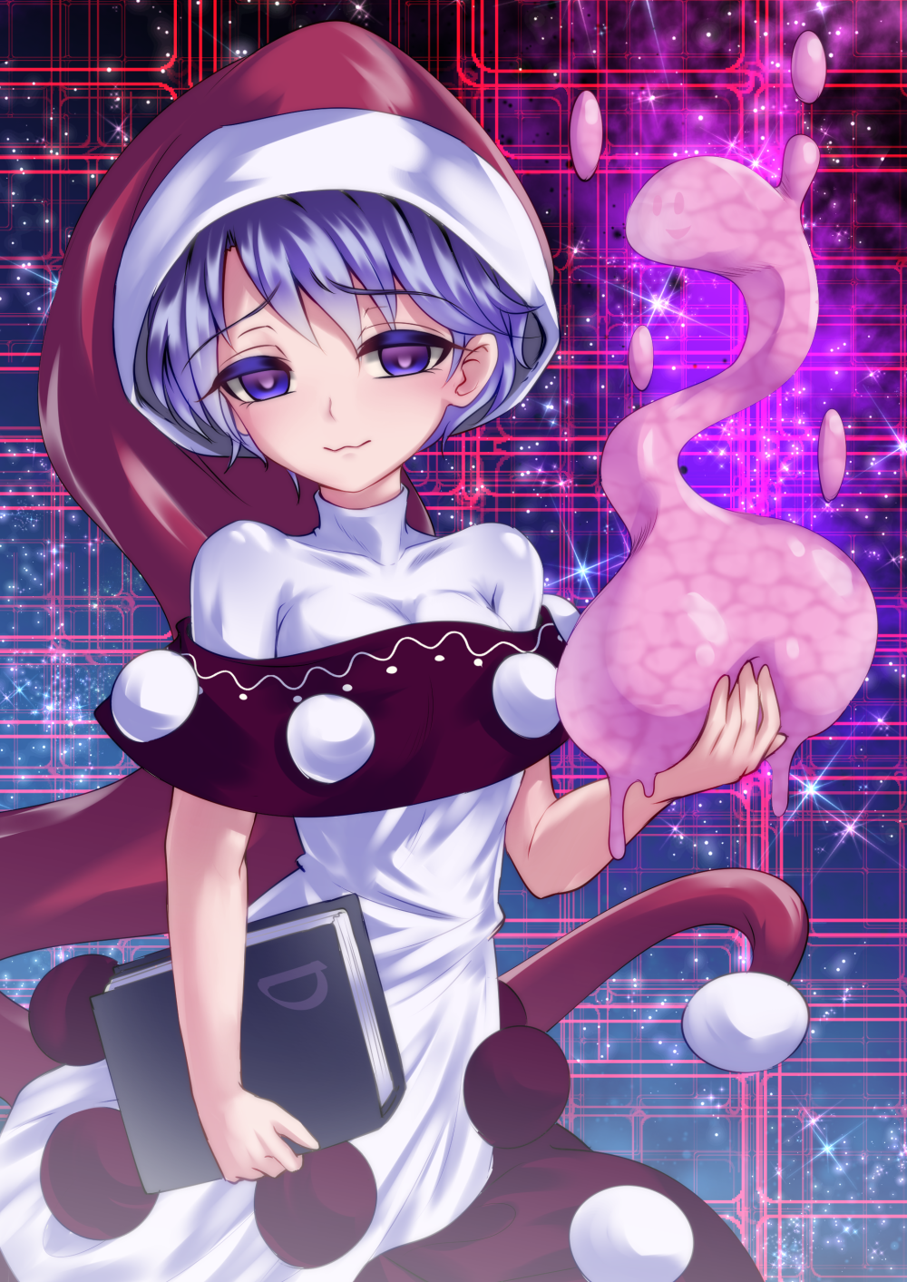 :3 antinomy_of_common_flowers blue_eyes blue_hair book breasts closed_mouth doremy_sweet dream_soul dress eyebrows_visible_through_hair hat highres holding holding_book looking_at_viewer medium_breasts nightcap nomayo pom_pom_(clothes) red_hat shiny shiny_hair short_hair solo sparkle tail tapir_tail touhou white_dress
