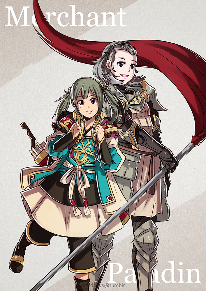 armor arrow english fire_emblem fire_emblem_if flag flagpole gloves green_hair gzei japanese_clothes looking_at_viewer midoriko_(fire_emblem_if) multiple_girls quiver sandals simple_background smile sophie_(fire_emblem_if) twintails