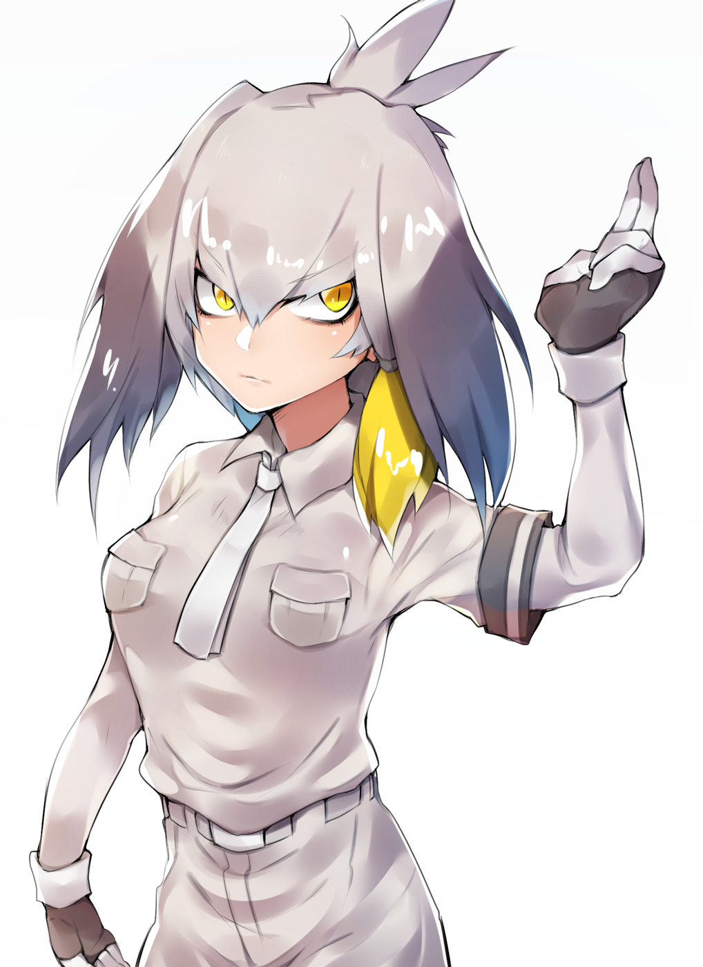 arm_up bad_id bad_pixiv_id belt blonde_hair collared_shirt eyebrows_visible_through_hair grey_hair grey_shirt grey_shorts hair_between_eyes head_wings highres kemono_friends long_sleeves looking_at_viewer low_ponytail multicolored_hair necktie ogata_aki pocket serious shirt shoebill_(kemono_friends) short_over_long_sleeves short_sleeves shorts side_ponytail solo white_neckwear yellow_eyes