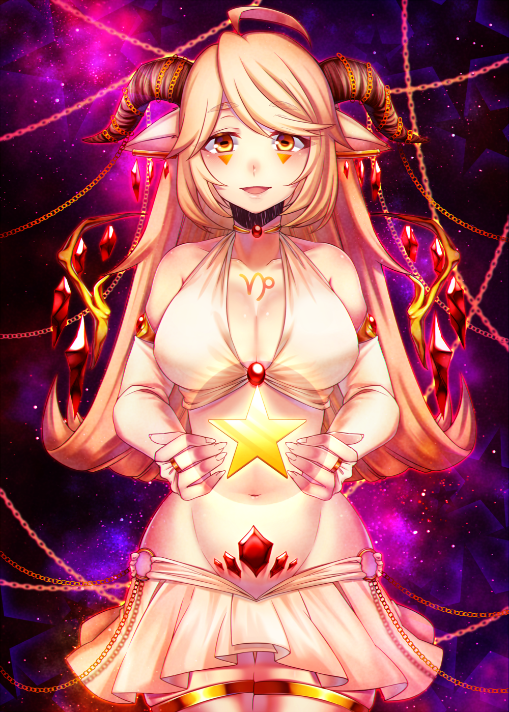 ahoge bare_shoulders blonde_hair blush breasts bridal_gauntlets chain choker commentary_request cowboy_shot earrings facial_mark flipped_hair groin highres horns jewelry large_breasts long_hair looking_at_viewer navel original parted_lips pointy_ears rom smile solo star stomach thighhighs yellow_eyes