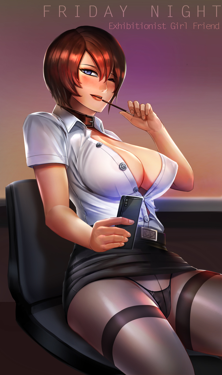 areolae badcompzero black_legwear black_panties blue_eyes blush breasts brown_hair cleavage collar crotch_seam food highres huge_breasts looking_at_viewer one_eye_closed open_clothes open_shirt panties panties_over_pantyhose pantyhose parted_lips pocky see-through shirt short_hair sitting skirt smile solo thighband_pantyhose underwear