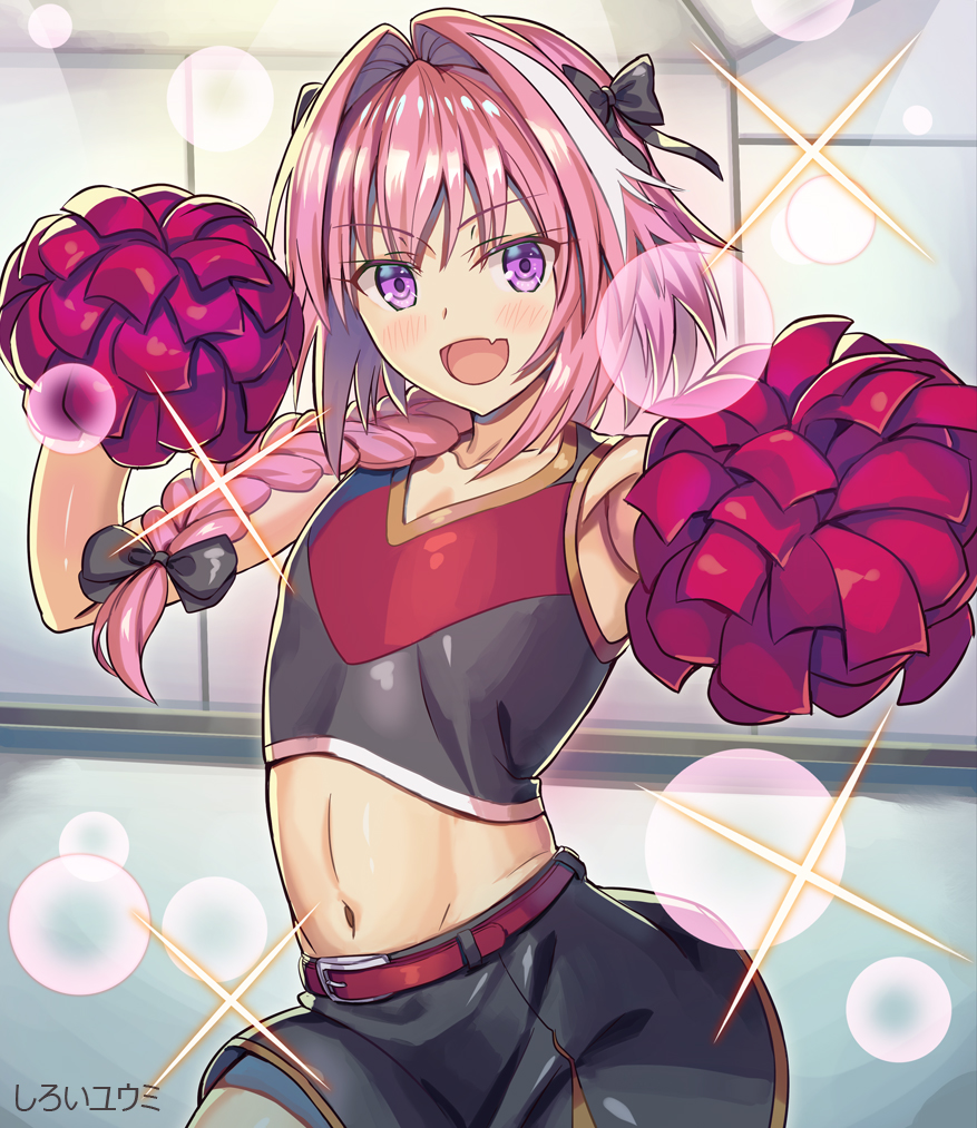 abs androgynous astolfo_(fate) black_bow blush bow braid cheerleader commentary_request crop_top crop_top_overhang fang fate/apocrypha fate/grand_order fate_(series) hair_intakes hair_ribbon long_hair looking_at_viewer male_focus midriff miniskirt multicolored_hair navel open_mouth otoko_no_ko pink_hair pom_poms purple_eyes ribbon shiroi_yuumi single_braid skirt sleeveless smile solo streaked_hair