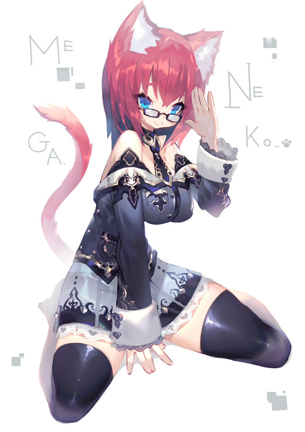 animal_ear_fluff animal_ears bare_shoulders blue_eyes cat_ears cat_tail detached_collar glasses highres kneeling looking_at_viewer mamuru necktie original red_hair short_hair simple_background sitting smile solo strapless tail thighhighs wariza white_background