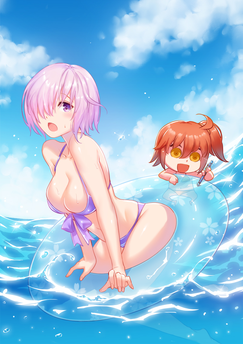 :d afloat ahoge alternate_costume arched_back bangs bikini blue_sky blush breasts brown_hair cherry_blossoms chibi cloud cloudy_sky collarbone commentary commentary_request day empty_eyes fate/grand_order fate_(series) floral_print front-tie_bikini front-tie_top fujimaru_ritsuka_(female) hair_over_one_eye halter_top halterneck holding holding_pencil innertube large_breasts mash_kyrielight multiple_girls navel ocean open_mouth outdoors pencil popping purple_bikini purple_eyes purple_hair riyo_(lyomsnpmp)_(style) short_hair side_ponytail sky smile sparkle swimsuit thighs wet xion32 yellow_eyes