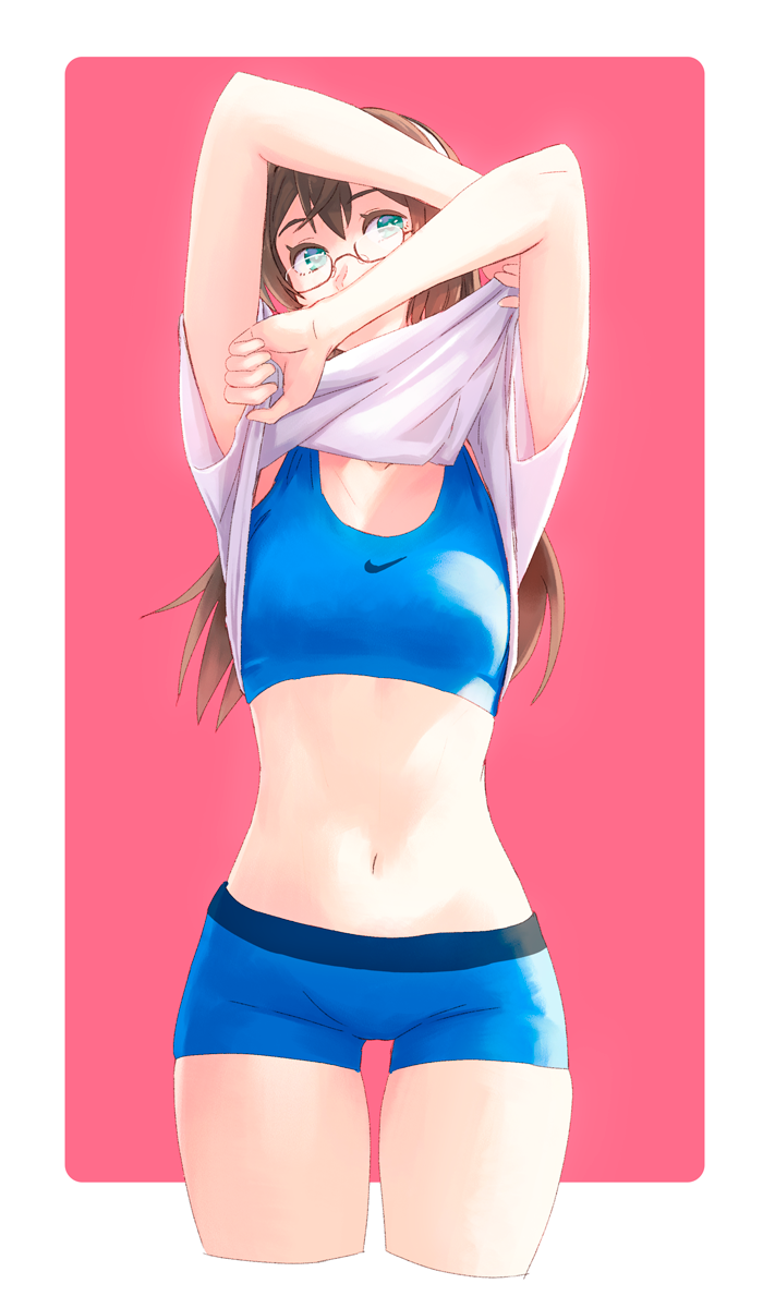 arms_up bangs blue_eyes breasts brown_hair cropped_legs glasses gym_shorts highres kantai_collection legs_apart lifted_by_self long_hair looking_at_viewer medium_breasts navel nike ooyodo_(kantai_collection) pink_background red-framed_eyewear semi-rimless_eyewear shirt_lift short_sleeves shorts solo sports_bra stomach two-tone_background under-rim_eyewear undressing yuuji_(and)