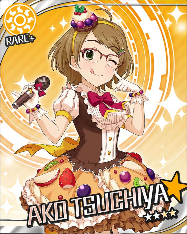 ahoge blush brown_hair card_(medium) character_name dress glasses green_eyes idolmaster idolmaster_cinderella_girls microphone short_hair smile stars sweets tsuchiya_ako wink