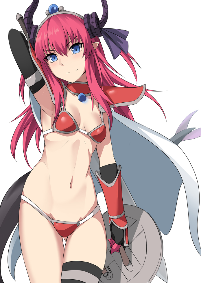 armor armpits ass_visible_through_thighs bangs bikini bikini_armor blue_eyes blush bracer breasts closed_mouth elizabeth_bathory_(brave)_(fate) elizabeth_bathory_(fate)_(all) eyebrows_visible_through_hair fate/grand_order fate_(series) hair_between_eyes holding_shield horns long_hair looking_at_viewer pauldrons pointy_ears purple_hair red_armor red_bikini shield shiseki_hirame silver_trim simple_background single_thighhigh small_breasts smile solo swimsuit thighhighs tsurime two_side_up white_background