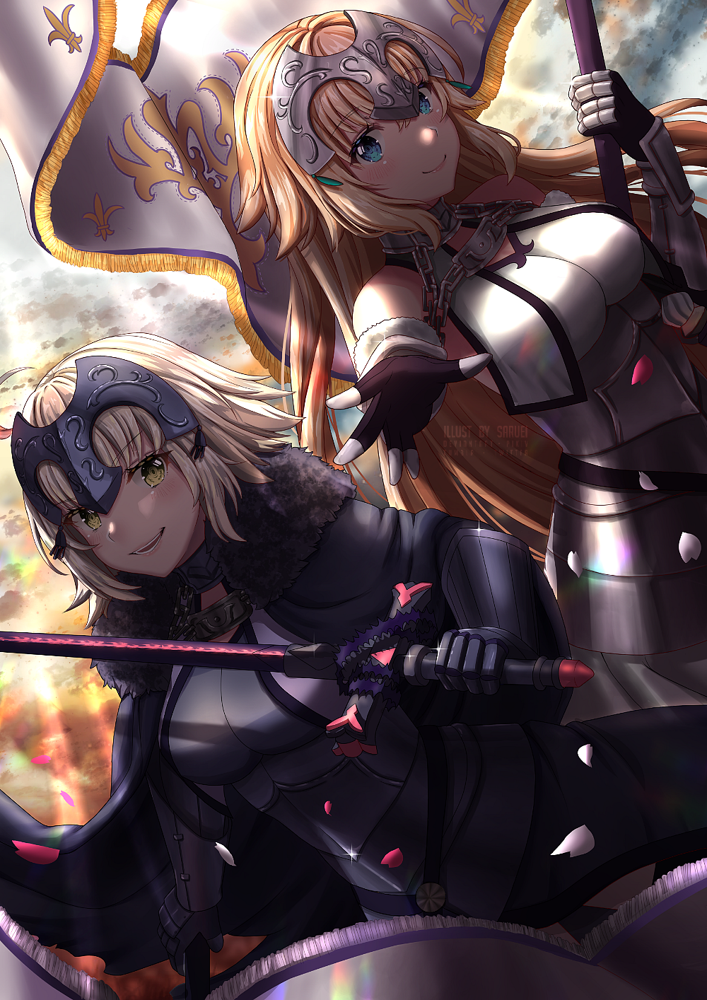 armor armored_dress blonde_hair blue_eyes blush breasts cape chain commentary_request fate/grand_order fate_(series) fur-trimmed_cape fur_trim highres jeanne_d'arc_(alter)_(fate) jeanne_d'arc_(fate) jeanne_d'arc_(fate)_(all) large_breasts long_hair looking_at_viewer multiple_girls outstretched_arms petals saruei short_hair smile standard_bearer yellow_eyes